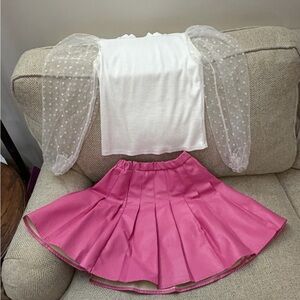 SHEIN White Puff Sleeve Top and Pink Pleated Skirt Kids Matching Set